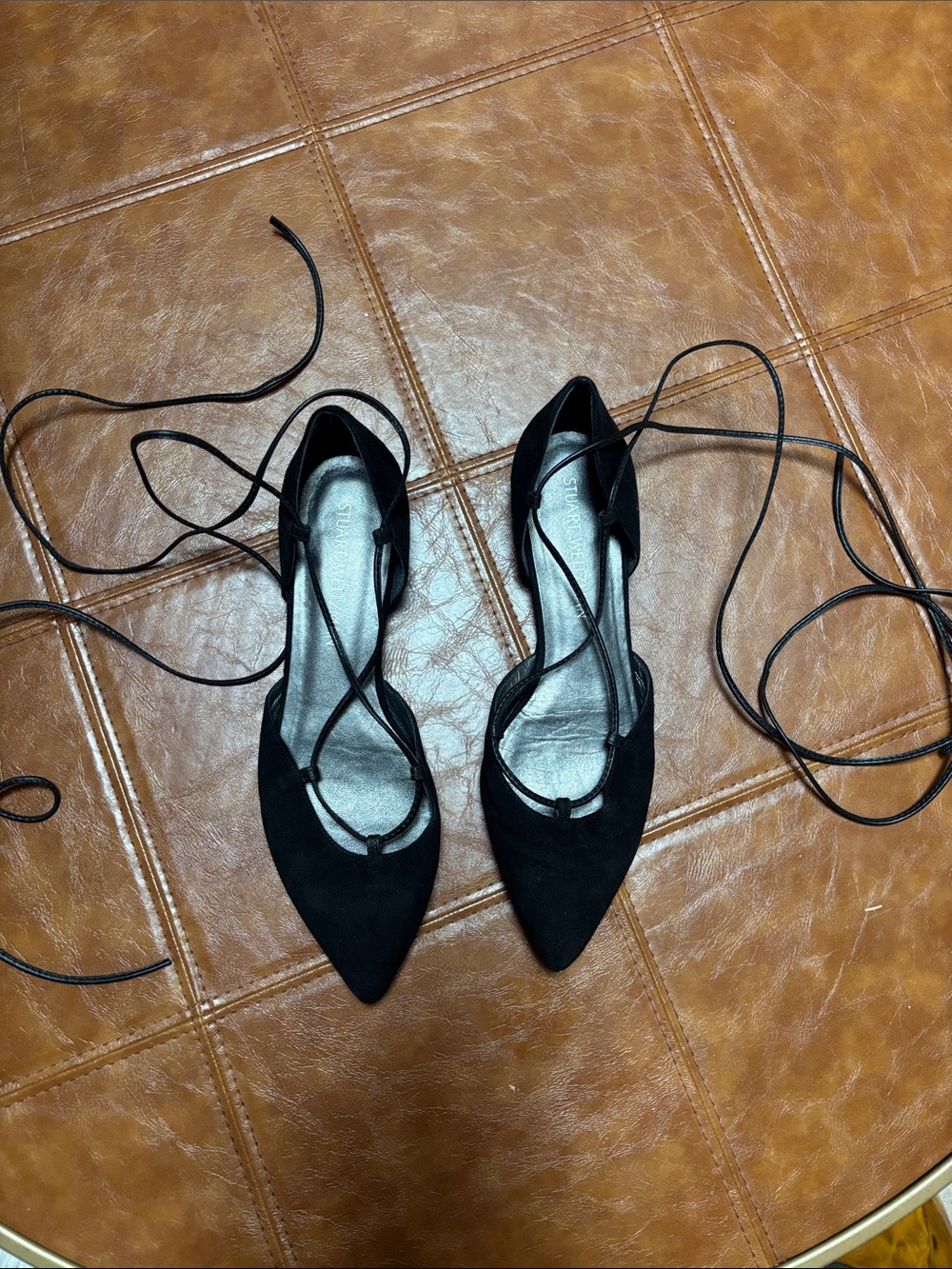 Stuart Weitzman Black Suede Lace-Up Pointed Flats